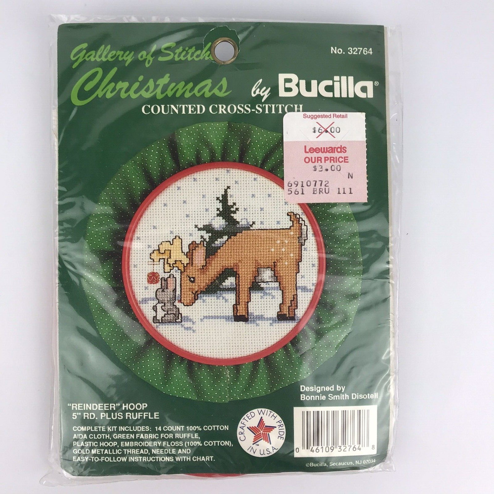 Bucilla Gallery of Stitches Cross Stitch Kit Reindeer 5” Hoop Ruffles Christmas
